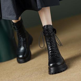 冬季 系带小加高厚底靴女士中小腿黑色厚底短靴 英国风格