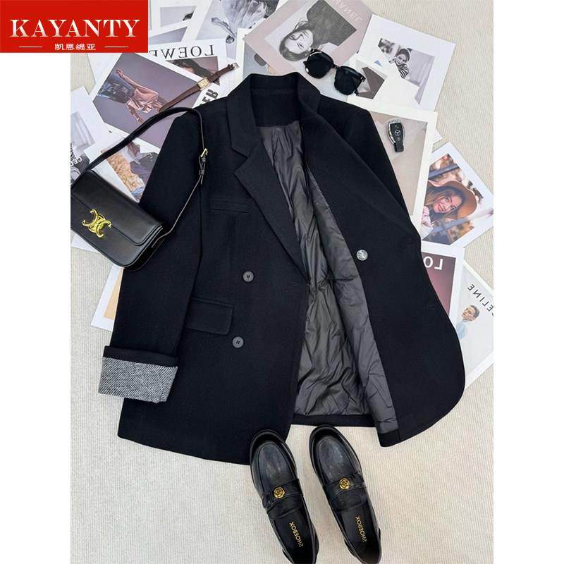 KAYANTY2025冬季新款小西装中长款外套女装内胆羽绒服设计感大衣