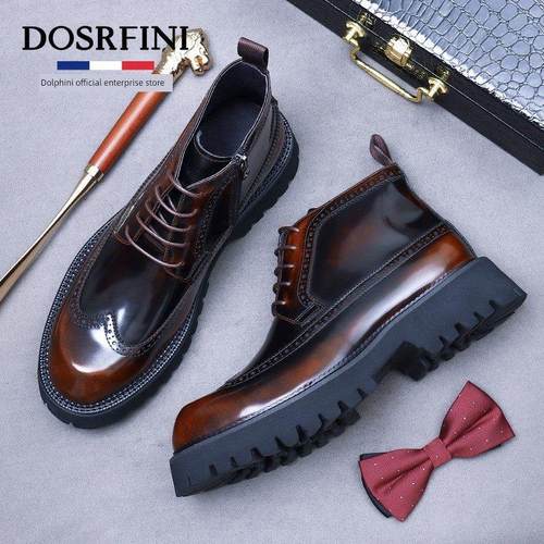 男靴2025春季新英伦风格雕刻高帮靴真皮厚底商务休闲短靴