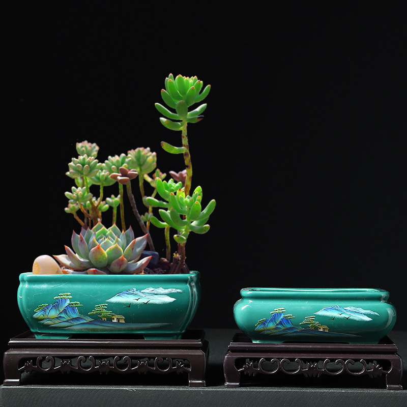 陶瓷花盆绿植盆栽盆景菖蒲紫砂桌面带托盘简约个性多肉长方形简约