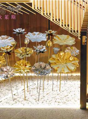 不锈钢荷叶荷花雕塑落地摆件酒店会所水池水景室外金属荷花装饰品