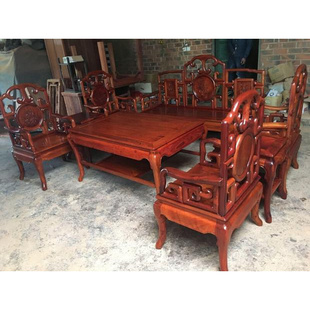 红木家具 大果紫檀复古八件套沙发 缅甸花梨木明清古典勾椅沙发