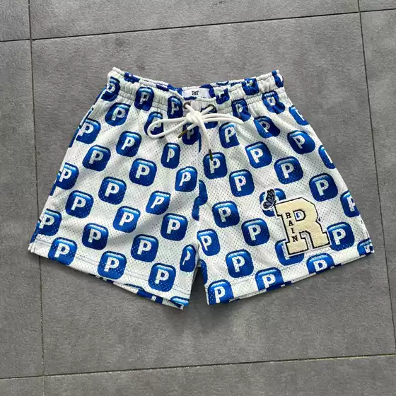 Ryoko Rain Shorts American-Style Mesh Shorts with Logo, Drawstring Printed Embroidered Beach Shorts