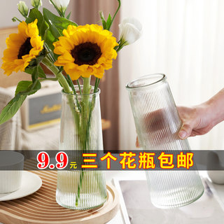 【三件套】北欧简约玻璃花瓶透明水养富贵竹鲜花客厅餐桌插花摆件