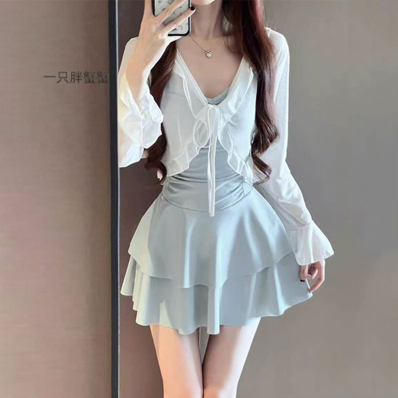 女士高颜值泳衣连体两件套装纯色保守显瘦少女甜美遮肉遮肚温泉装