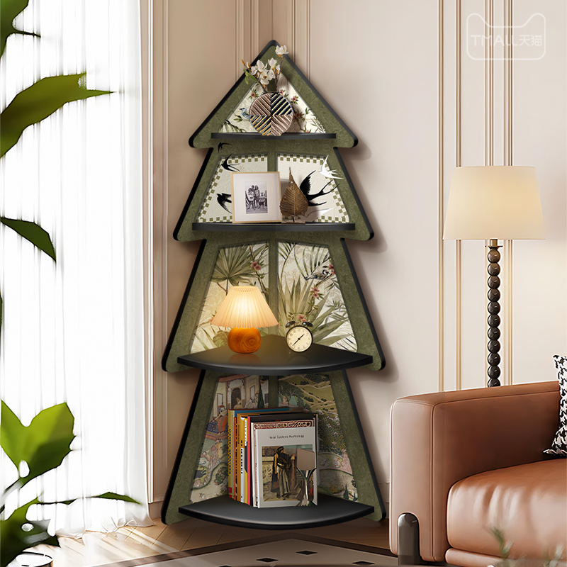 中古风客厅三角落地置物架床头转角柜高级感拐角卧室收纳装饰摆饰