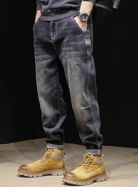 it neith BIAS潮牌弹力牛仔裤男秋冬男款宽松大码美式黑色直筒裤