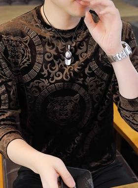 金丝绒卫衣男秋冬款潮牌时尚提花圆领大码加绒打底衫高端长袖T恤