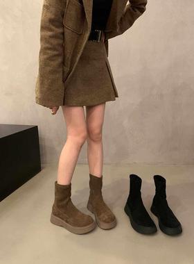 潮牌厚底卡其色绒面法式踝靴瘦瘦短靴女2025新款冬季小个子马丁靴