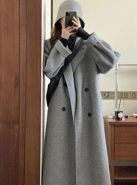 Spyb经典时尚灰色双面羊绒外套2024年冬季新款过膝经典羊毛外套