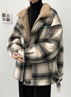 羊羔绒格子外套男潮牌冬季加绒加厚美式潮流宽松棉衣冬装保暖棉服