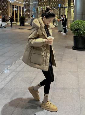 Lusam 中长版卡其色白鸭绒羽绒服女2025冬季新款茧型连帽加厚外套