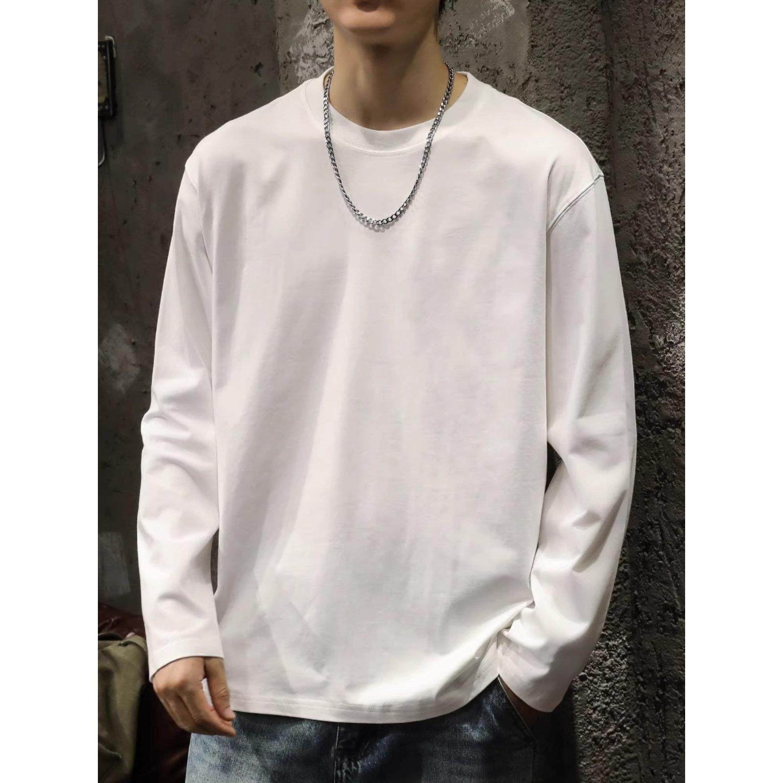 it neith BIAS重磅纯棉白色长袖T恤男士打底衫秋冬季内搭圆领卫衣