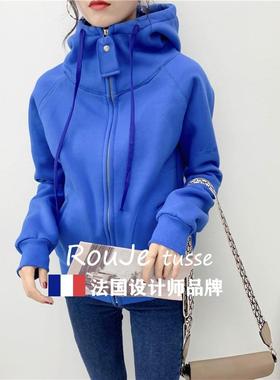Rouje tusse连帽卫衣女秋冬款韩版宽松开衫加绒外套纯色短款上衣
