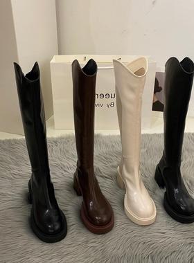 潮牌高跟小众棕色长筒骑士靴女鞋新款春秋冬季中筒V口高筒长靴子