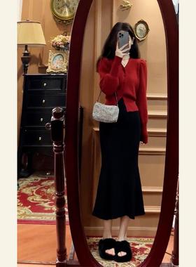欧洲站2024新款高级感气质名媛红色过年套装毛衣配裙子两件套秋冬