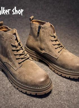 Walker shop男士马丁靴秋冬保暖真皮厚底短靴高帮英伦工装靴子