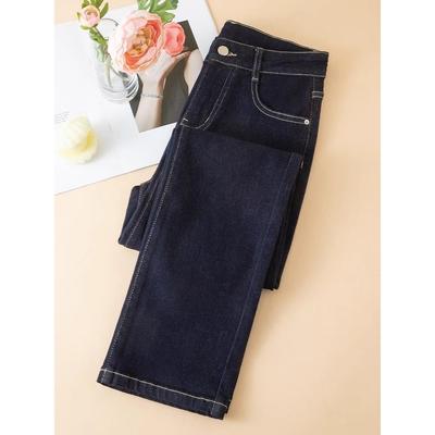 Canary Kiss加绒深蓝色直筒牛仔裤女2025秋冬高腰显瘦九分烟管裤