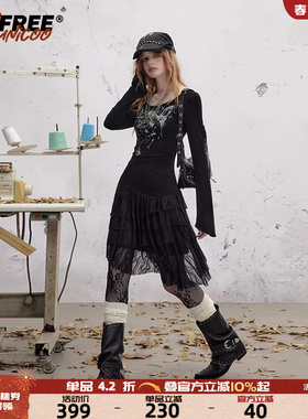 UNIFREE黑色亚文化长袖连衣裙女U领收腰蕾丝拼接功能性裙子