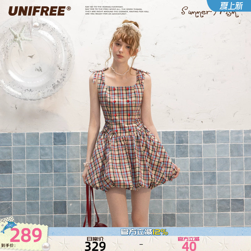 UNIFREE彩色格子复古连衣裙蝴蝶结收腰夏季少女韩系吊带花苞短裙