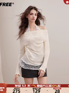 UNIFREE假两件毛针织衫女套头高弹修身百搭蕾丝一字露肩长袖上衣