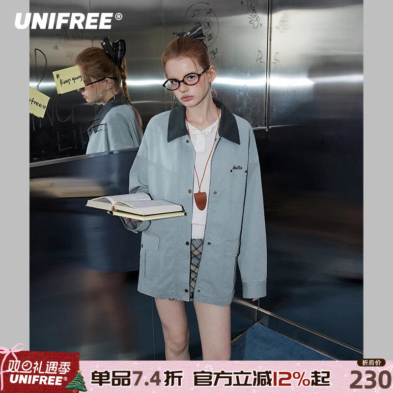 UNIFREE复古翻领拼接撞色外套
