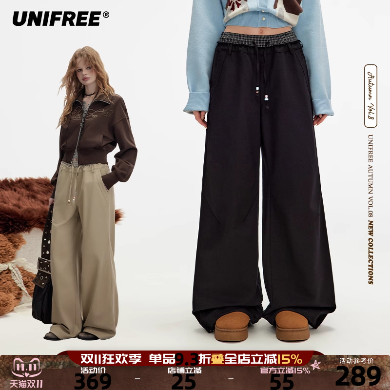 UNIFREE格子拼接腰头休闲裤