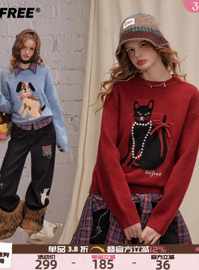 UNIFREE红色动物提花毛衣女韩系洋气新款加厚冬季复古好看针织衫