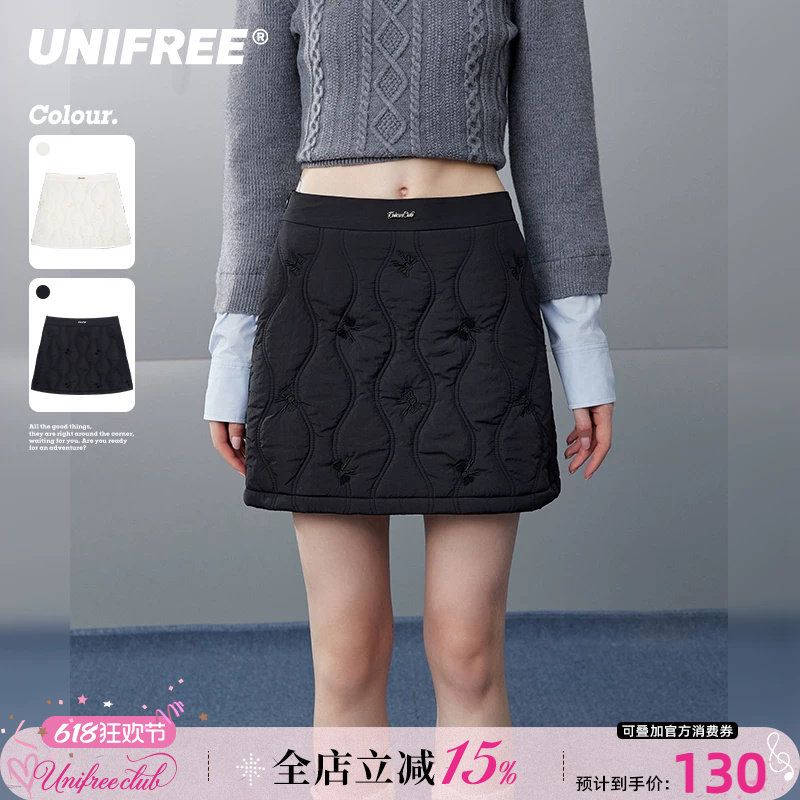 UNIFREE韩版加棉短裙女冬季新款加厚百搭保暖复古辣妹风包臀裙子
