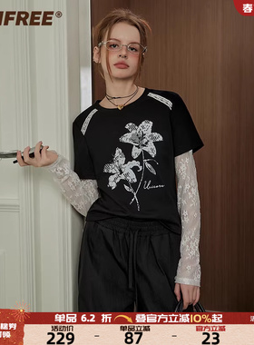 UNIFREE黑色假两件长袖T恤女圆领蕾丝拼接宽松美式撞色学院风上衣