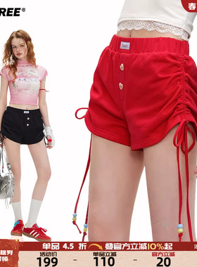 UNIFREE安可拉红休闲短裤新款设计感抽绳褶皱甜辣风百搭包臀热裤