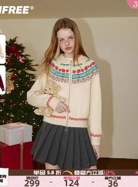 UNIFREE红色针织衫翻领美式费尔岛新款拉链复古百搭加厚毛衣外套