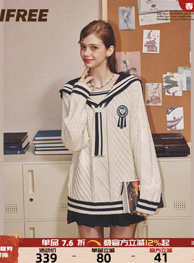 UNIFREE白色海军领针织衫女格纹复古学院风套头撞色