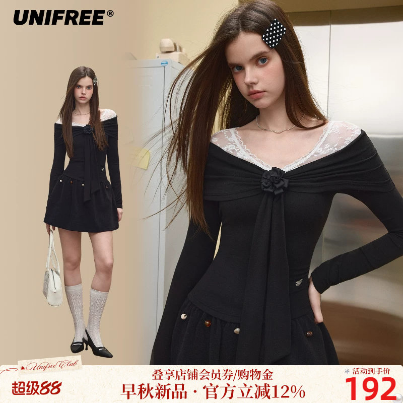 UNIFREE假两件蕾丝拼接T恤女秋季修身显瘦立体玫瑰花装饰打底上衣
