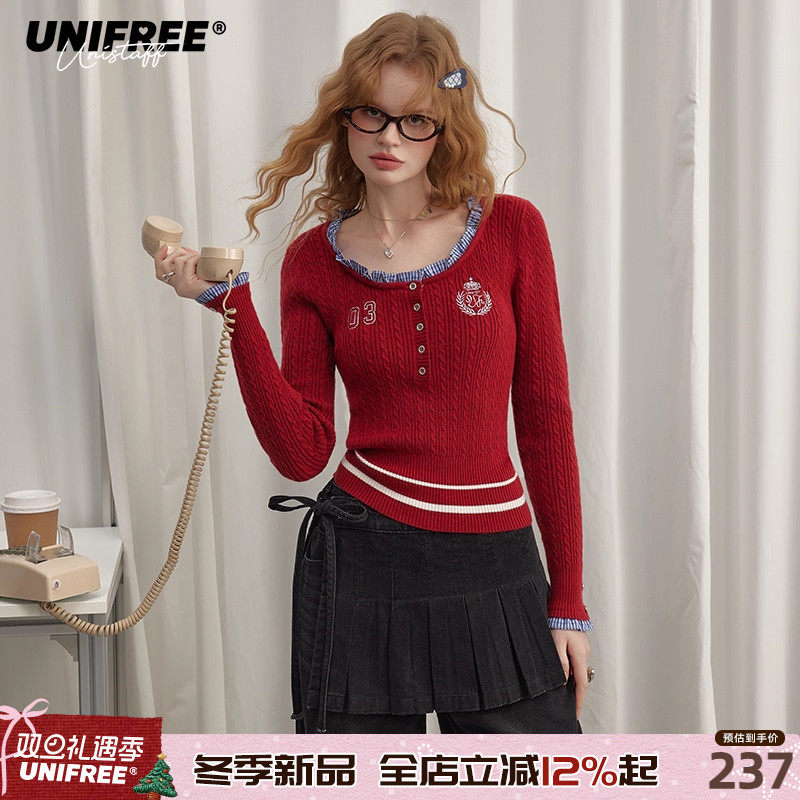 UNIFREE安可拉红假两件针织衫