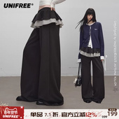 UNIFREE假两件格纹拼接花边裙裤 宽松直筒阔腿裤 25年早秋新款 韩版