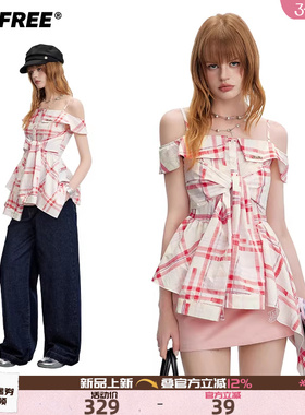 UNIFREE红色格纹短袖衬衫女吊带一字领韩系甜美绑带收腰洋气上衣