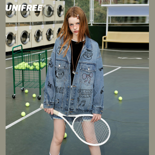 宽松春秋夹克半身裙套装 UNIFREE蓝色复古牛仔外套女美式 印花时尚