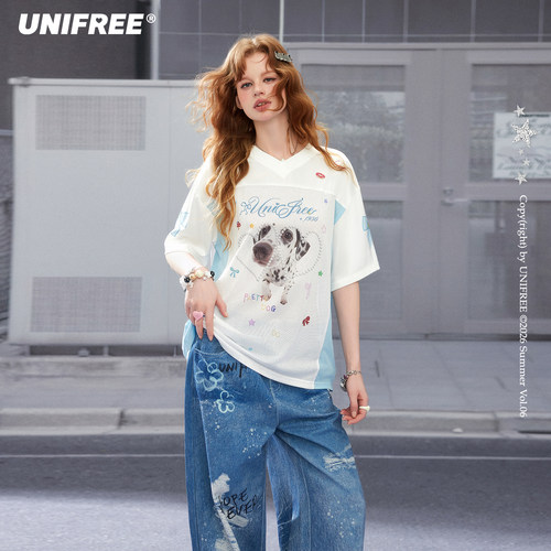 【昕怡粉丝专享】UNIFREE白色V领短袖T恤U262G679P1W1