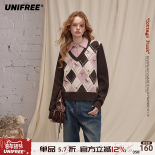 UNIFREE英伦假两件针织衫女格纹蝴蝶结小马刺绣衬衫拼接复古毛衣
