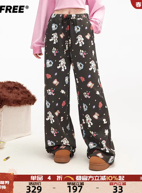【插画师联名】UNIFREE黑色卡通印花休闲裤宽松垂感阔腿慵懒长裤