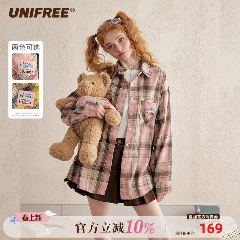UNIFREE粉色格子衬衣女可爱潮牌美式复古学院风宽松时尚百搭衬衫