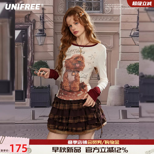 UNIFREE复古狗狗印花假两件长袖