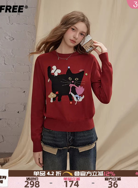 UNIFREE红色小猫提花圆领毛衣女新款撞色可爱秋冬原创休闲针织衫
