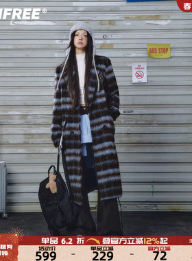 UNIFREE复古蓝色格子毛呢大衣双排扣翻领美式学院风宽松长款外套