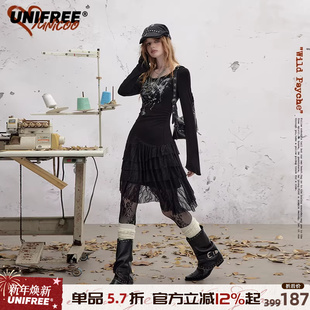 UNIFREE黑色亚文化长袖 连衣裙女U领收腰蕾丝拼接功能性裙子