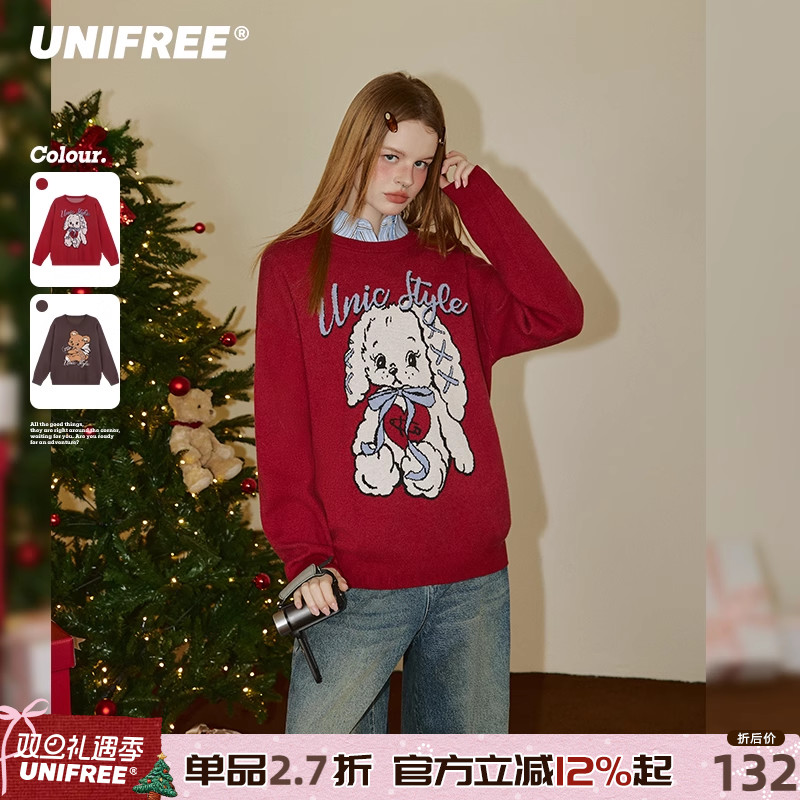 UNIFREE安可拉红毛衣女动物提花复古洋气宽松时尚学院风百搭上衣