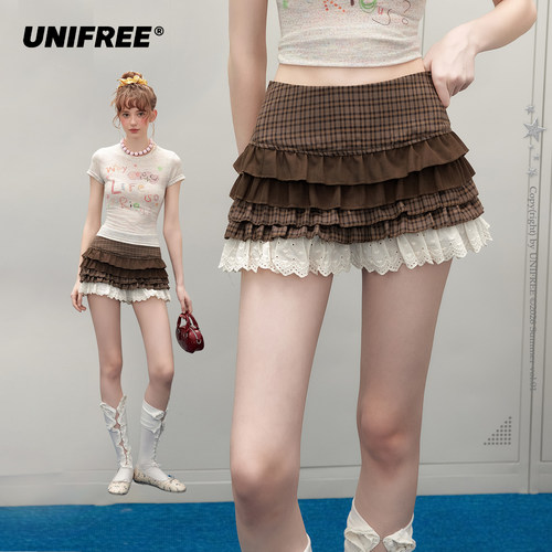 【昕怡粉丝专享】UNIFREE咖色格纹拼接休闲短裤U262P086B1B1
