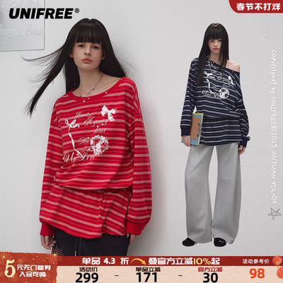 UNIFREE美式条纹斜肩长袖T恤