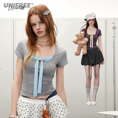 【昕怡粉丝专享】UNIFREE假两件蝴蝶结短袖T恤女U262G929P1P1
